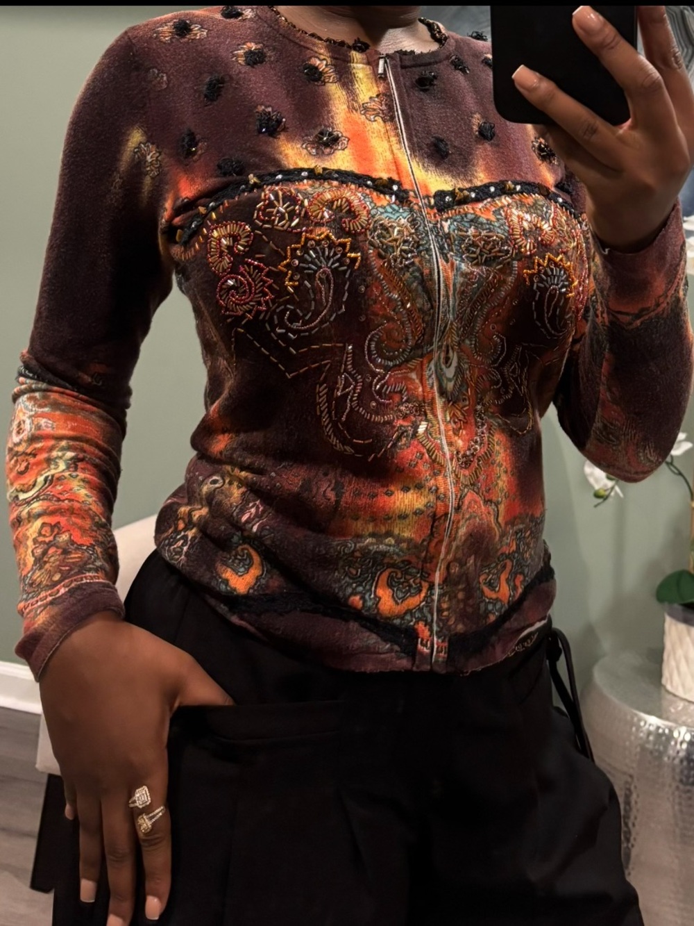 Alberto Makali Multicolor Embellished Printed Zip-Front Top